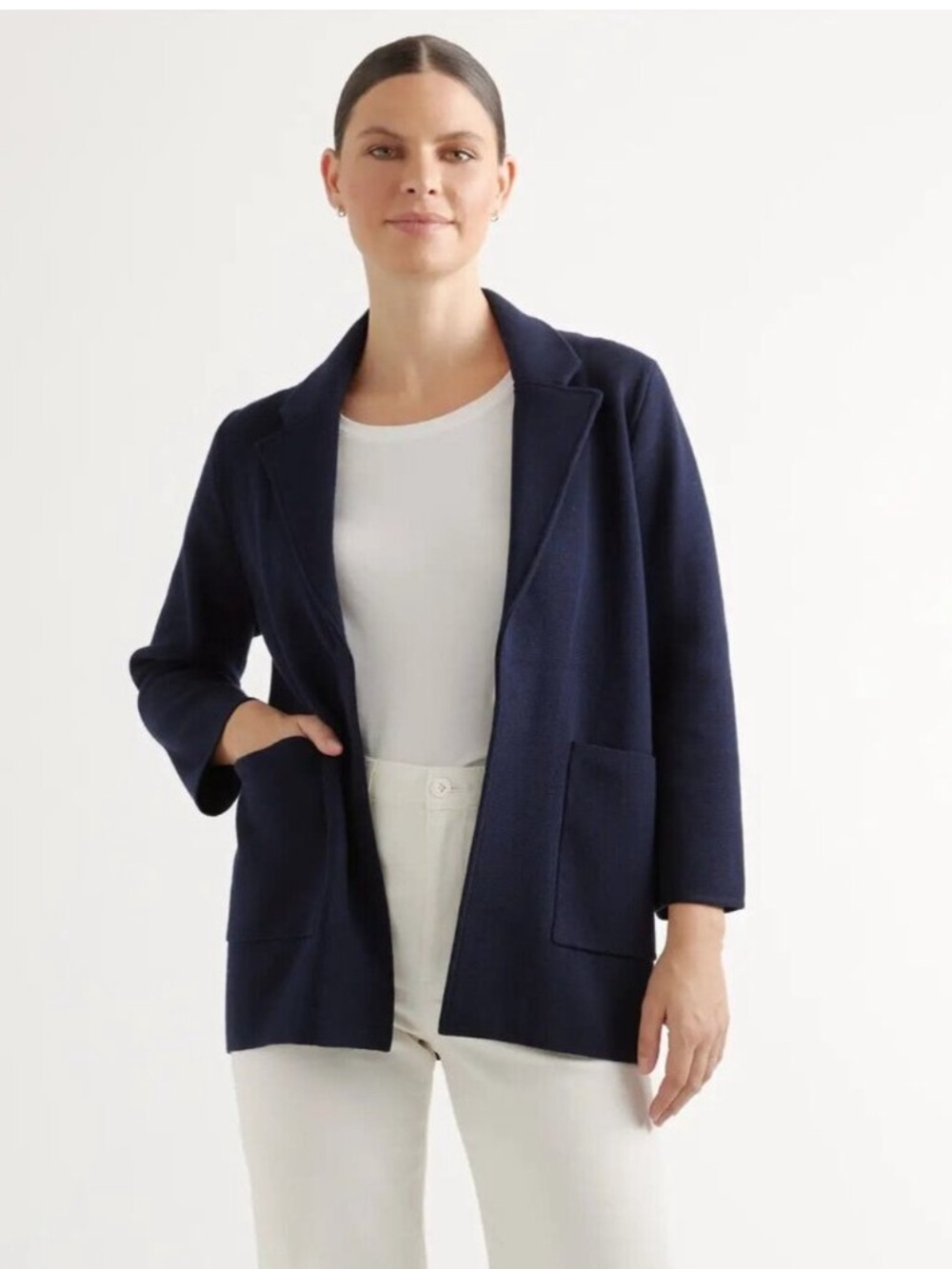 Quince Navy Blue Organic Cotton Knit Blazer Jacket Long Sleeve